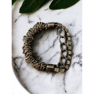 Heavy Silver Metal Rings Chain & Faux Diamond Stretchy Bracelet